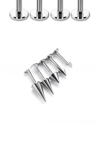 Detail view of 5-piece 16G titanium labret set with conical spike and flat back base