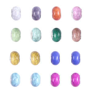 Macro shot of 16 colorful cracked marble glass beads with silver metal rims for DIY jewelry