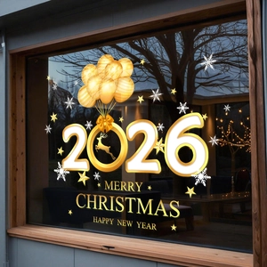 Golden 2026 festive window stickers with Christmas balloons and snowflake decals