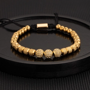 Men's hip hop adjustable braided bracelet with gold crown beads and micro-set zircon