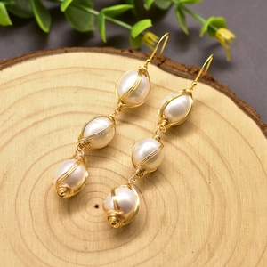 Handmade 925 silver wire-wrapped long earrings with three natural freshwater pearls