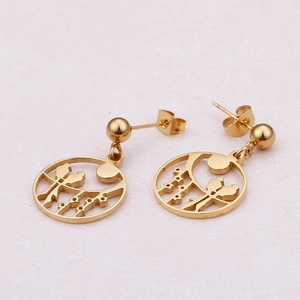 Golden round hollow earrings with birds on branch pattern and spherical studs