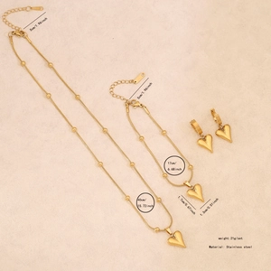 Detailed size parameters for golden heart necklace, bracelet, and earrings jewelry set