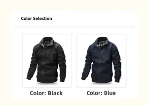 Detail view of the black and navy blue baseball jackets with plaid lining inside the collar