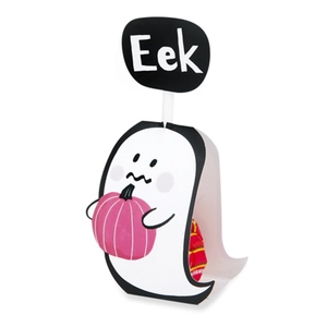 Cute white Halloween ghost lollipop card with pink pumpkin and Eek sign on white background
