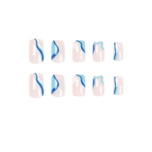Coffret de faux ongles à coller avec motifs de vagues bleu et blanc et pointes carrées