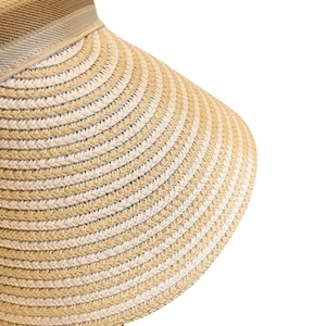 Minimalist straw sun visor for women with striped weave pattern and decorative ribbon