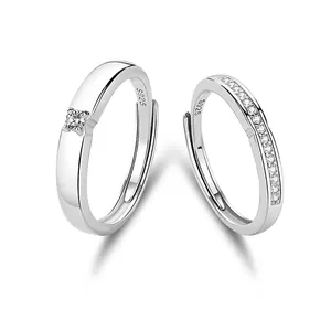 925 Sterling Silver Couple Rings For Men Women Cubic Zirconia Pave Simple Style Adjustable Open Band Rings Engagement Jewelry Gift
