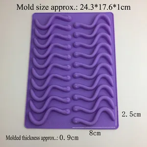 Purple 20-cavity worm silicone mold for gummy and candy baking, size 24.3x17.6cm