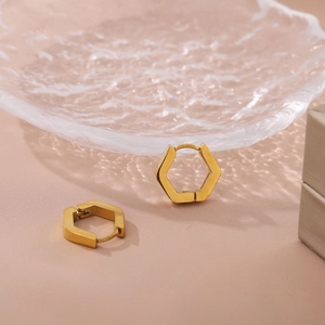 Minimalist 18K gold-plated hexagonal earrings with geometric metal polish texture
