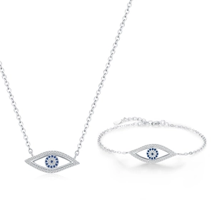 S925 sterling silver evil eye jewelry set with blue crystal necklace and bracelet
