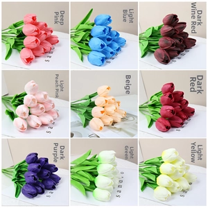 Detail showcasing nine realistic PU tulip colors with textured petals and green leaves