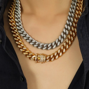 Titanium Steel Rhinestone Cuban Link Chain Necklace Bracelet Set Hip Hop Iced Out Jewelry For Men Women Gold Silver Plated