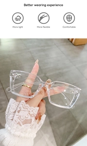 Detail of transparent square reading glasses showing lightweight and flexible resin frame