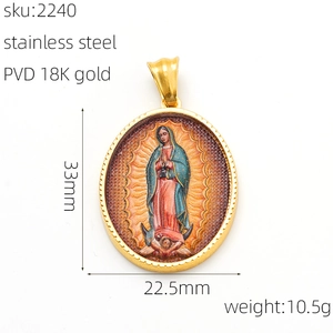 PVD 18K gold plated oval pendant with Guadalupe icon and specific product dimensions