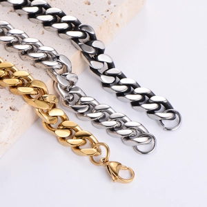 Polished stainless steel Cuban chain necklaces in gold, silver, and black-silver finish