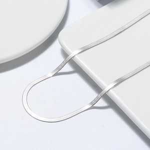 Elegant s925 sterling silver flat snake chain necklace on white ceramic tray