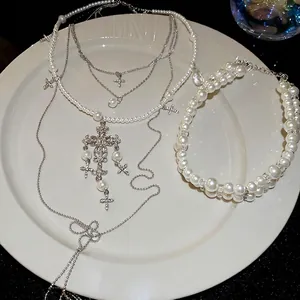 Double layer pearl cross necklace and bracelet set with crystal rhinestones