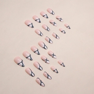 Faux ongles amande rose nude avec lignes ruban noir et blanc, kit de 24 pièces