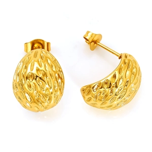 Polished gold titanium steel geometric oval stud earrings with unique hammered texture