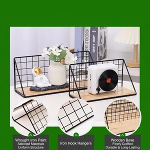 Nordic black iron wall shelf with hexagonal frame and natural wood base for home decor