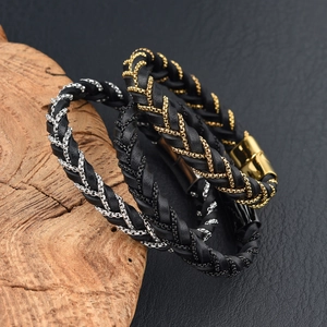 Men's braided leather bracelet with gold and silver metal chains and magnetic clasp