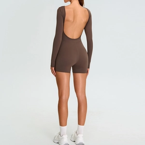 Slim fit long sleeve backless yoga romper in coffee brown with high-stretch matte fabric