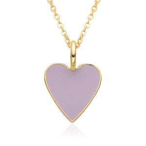 Detailed view of a purple enamel heart pendant with 14K gold plated chain and mirror reflection