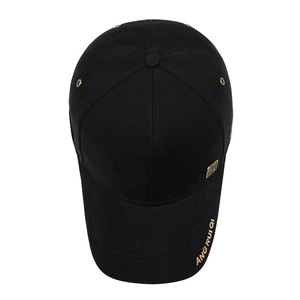 Men's black cotton baseball cap with gold embroidery and metal eyelets on white background