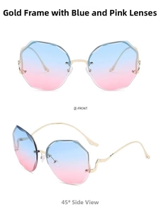 Front and 45-degree side view of rimless gold frame sunglasses with blue-pink lenses