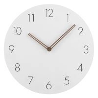 Close-up of minimalist white wall clock with brown wooden hands and Arabic numerals