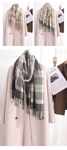 Detail showing checkered fringe scarves in beige, brown, and green on a wool coat