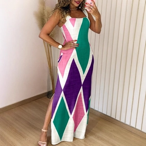 Sleeveless square neck maxi dress with geometric diamond pattern and side slit
