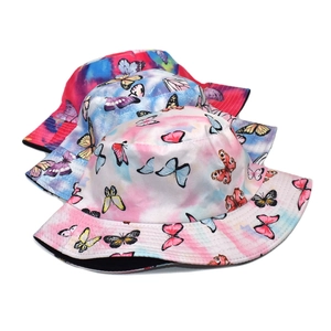 Three-piece set of reversible tie-dye bucket hats with butterfly prints for summer sun protection