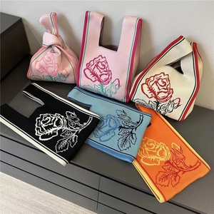 Knitted Rose Flower Tote Bag Retro Crochet Polyester Acrylic Handbag For Women Daily Use