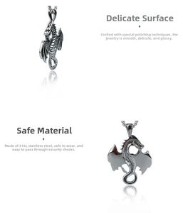 Detailed views of 316L stainless steel dragon pendant with polished texture and wings