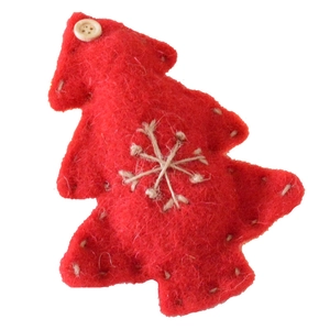 Handmade red wool felt Christmas tree ornament with wooden button and snowflake stitching