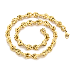 Golden infinity link necklace with lobster clasp closure on a clean white background