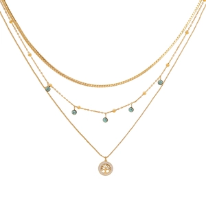 Golden multi-layer stainless steel necklace featuring a turquoise bead and Tree of Life pendant