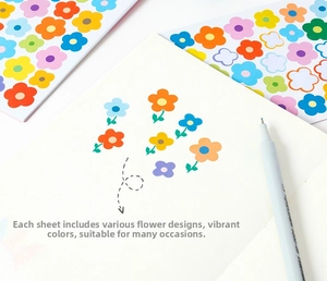 Detailed view of colorful floral stickers in various sizes for diaries and scrapbooks