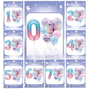 Blue and purple butterfly number foil balloon set for kids birthday party decoration