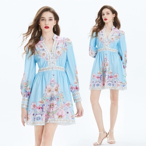 Robe Mini Pour Femmes Imprimé Floral Bleu Clair Élégant Col V Manches Lanternes Taille Cintré Ourlet Volanté
