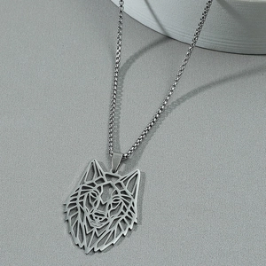 Men's stainless steel necklace featuring a hollow geometric wolf head punk pendant