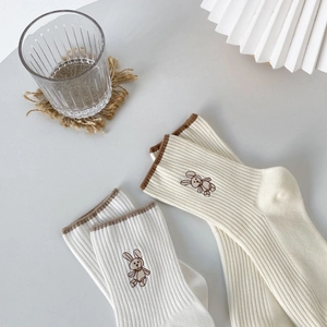 Japanese style cotton crew socks with rabbit embroidery in white and beige tones