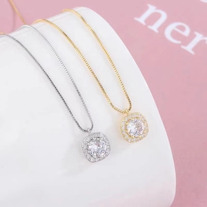 Elegant square halo diamond pendant necklace in gold and silver finish for women