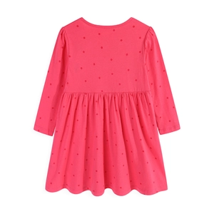 Pink long sleeve girls dress with red polka dots and animal embroidery details