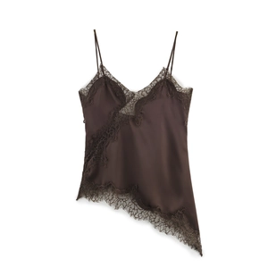 Close-up of chocolate brown satin camisole with delicate lace trim and asymmetric hem
