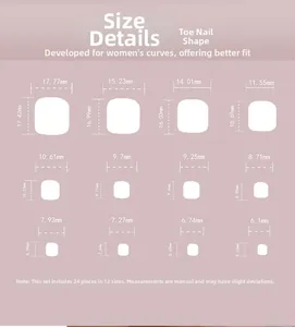 Tableau de tailles détaillé présentant douze mesures pour faux ongles de pieds pailletés