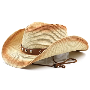 Vintage gradient straw cowboy hat with studded leather band and adjustable chin strap