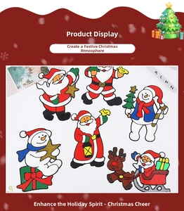 Detailed view of six cartoon Christmas stickers featuring Santa, snowmen and reindeer